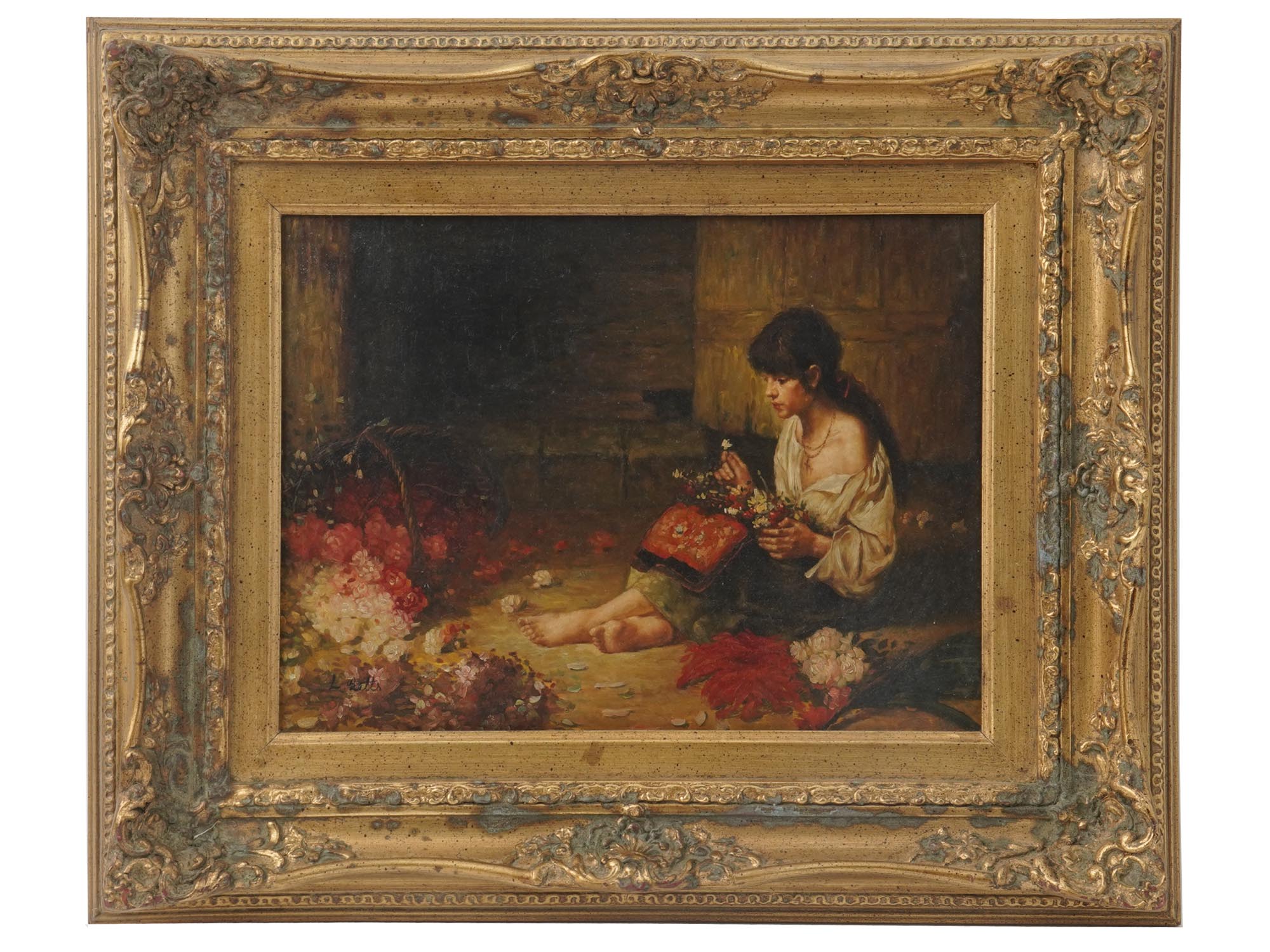 OIL PAINTING GIRL WITH FLOWERS SIGNED LOUIS BETTS PIC-0